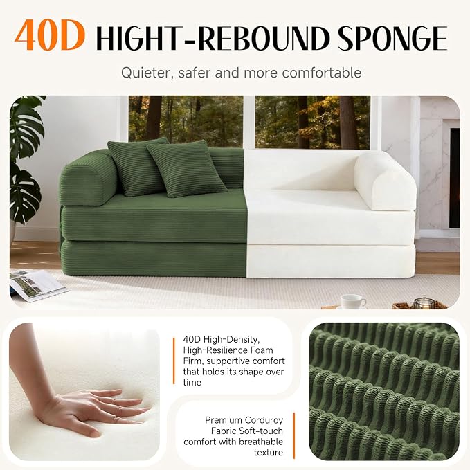 79'' Convertible Sofa Bed, Boneless Couch-in-a-Box, Corduroy Floor Futon Loveseat Sleeper, 26'' Deep Seat, Removable Machine-Wash Covers, No Assembly, 2 Pillows, Forest Green