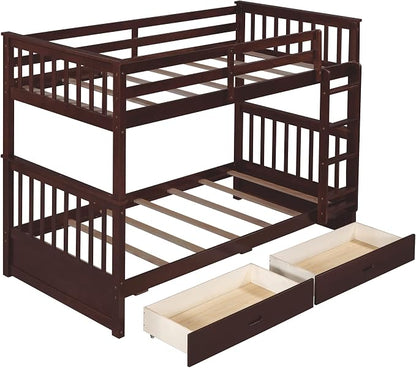 Merax Wood Bunk Bed with Drawers,Convertible Wood Bunk Bed with Ladders and Two Storage Drawers,Solid Wood Detachable Bed Frame with Ladders,Twin Over Twin Size,Espresso