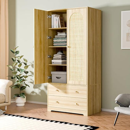 VINGLI Wardrobe Closet with Doors, Rattan Armoire Wardrobe Closet with Drawers & Hanging Rod, Wooden Armoire for Hanging Clothes, Natural Oak, 68.9" H