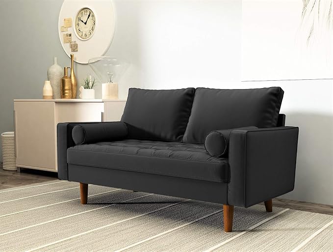 Container Furniture Direct Womble Mid Century Modern Velvet Upholstered Tufted Seat with Bolster Pillows, Sofa, Black