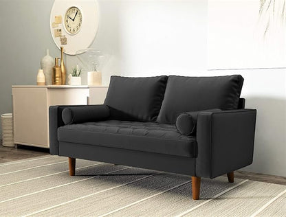 Container Furniture Direct Womble Mid Century Modern Velvet Upholstered Tufted Seat with Bolster Pillows, Sofa, Black