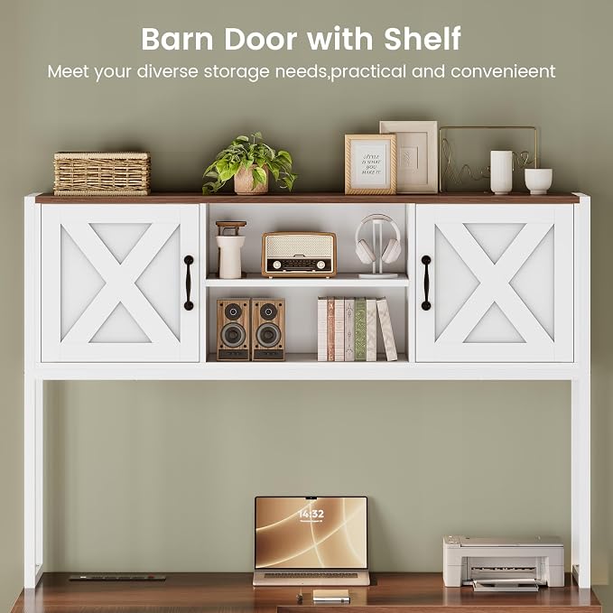 SEDETA Farmhouse L Shaped Desk with Hutch, Reversible 86.6" Computer Desk with Drawers and Power Outlet for Home Office/Two Person, Corner Desk with LED Light and Storage Shelves, White and Brown
