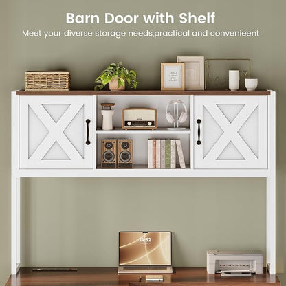 SEDETA Farmhouse L Shaped Desk with Hutch, Reversible 86.6" Computer Desk with Drawers and Power Outlet for Home Office/Two Person, Corner Desk with LED Light and Storage Shelves, White and Brown
