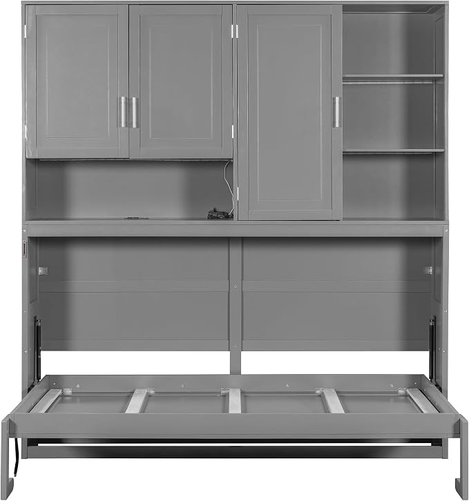 Ball & Cast Murphy Bed Twin Bed Frame with Top Cabinet,Hideaway Bedframe w/Shelves and Dual-Piston Metal Folding Mechanism,Space Saving Foldable Bed w/Light & USB,for Small Room,Gray