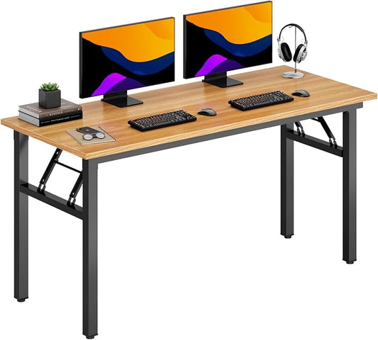 DlandHome Computer Desk, 59.8Inch Office Desk Computer Table, Study Writing Study Desk for Home Office, Teak and Black