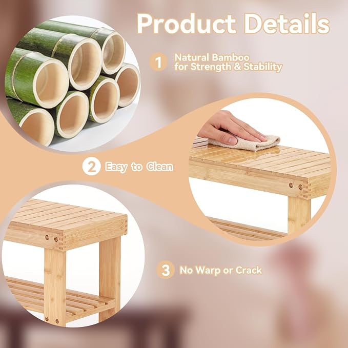 Sweetcrispy 3-Tier Shoe Rack Bench for Entryway, 19 Inches, Wood | Bamboo Shoe Storage Bench, Shoes Rack for Entrance, Bedroom, Living Room, Balcony, 4 Pairs