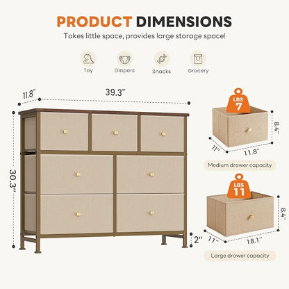 Sweetcrispy 7 Drawer Dresser with Fabric Bins, Fabric Storage Tower Organizer for Bedroom, Closet, Hallway, Entryway, Tall Chest of Drawers with Steel Frame, Wood Top, Large Storage, Khaki