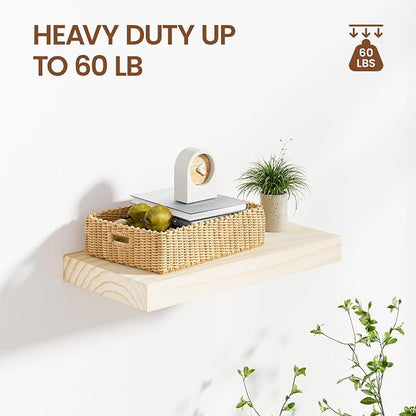 Heimlove Unfinished Wood Floating Shelves, Pine Shelves for Wall Set of 2, Wall Mounted Rustic Wood 8 Inch Deep Floating Shelf with Invisible Brackets for Bedroom Kitchen Living Room - Natural, 16x8