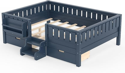 Bellemave Full Size Bed Frame with Storage Drawers & Bookshelf, Low Profile Kids Bed with Staircase & Full Length Guardrails, Solid Wood Full Size Bed Frame Kids with Slats Load 550 LBS, Blue