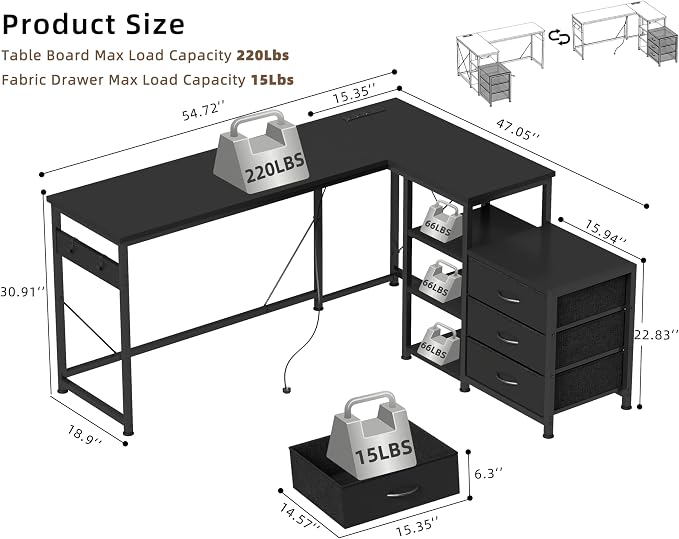 YOSHOOT 55" L Shaped Computer Desk with 3 Fabric Drawers, Gaming Desk | Office Desk with Power Outlets & Open Shelves, Corner Desk L Shape for Home Office Work Study, Black