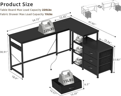 YOSHOOT 55" L Shaped Computer Desk with 3 Fabric Drawers, Gaming Desk | Office Desk with Power Outlets & Open Shelves, Corner Desk L Shape for Home Office Work Study, Black