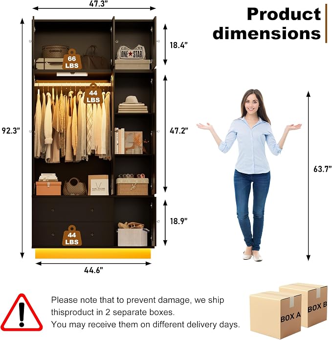 92.2" Tall Armoire Wardrobe Closet with Mirror & Motion Sensor Light, Large Storage Cabinet with 2 Drawers, Hanging Rod & Adjustable LED Strip, Anti-Tipping Wood Bedroom Furniture, 47.4"L, Black