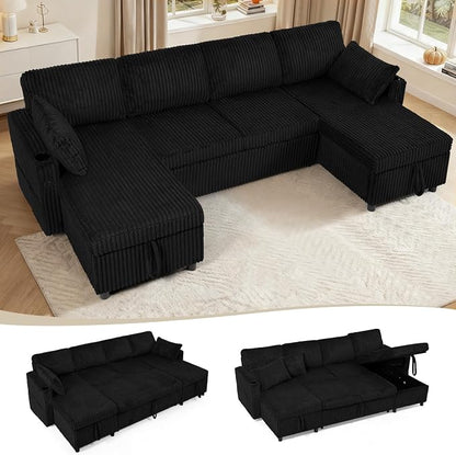 110" Corduroy U-Shape Sofa Bed with Adjustable Backrests, Upholstered Pull Out Sofa Bed with USB Ports, Convertible Sectional Sleeper Couch with Storage Chaise for Living Room, House, Black