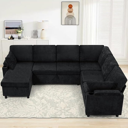 110" Chenille Sectional Sofa w/Pull Out Bed & Storage Chaise, Black | Reversible U Shape Sofa w/Storage Armrests & Cup Holders, Corner Couch w/USB Charging Port & Throw Pillows for Living Room