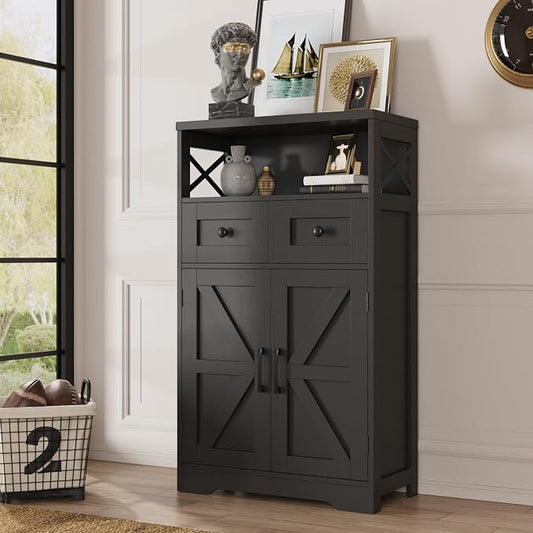 Befrases Black Storage Cabinet with Drawers and Shelves, Freestanding Black Kitchen Pantry, Floor Storage Cabinet Hutch Cupboard for Dining, Living Room, Home Office
