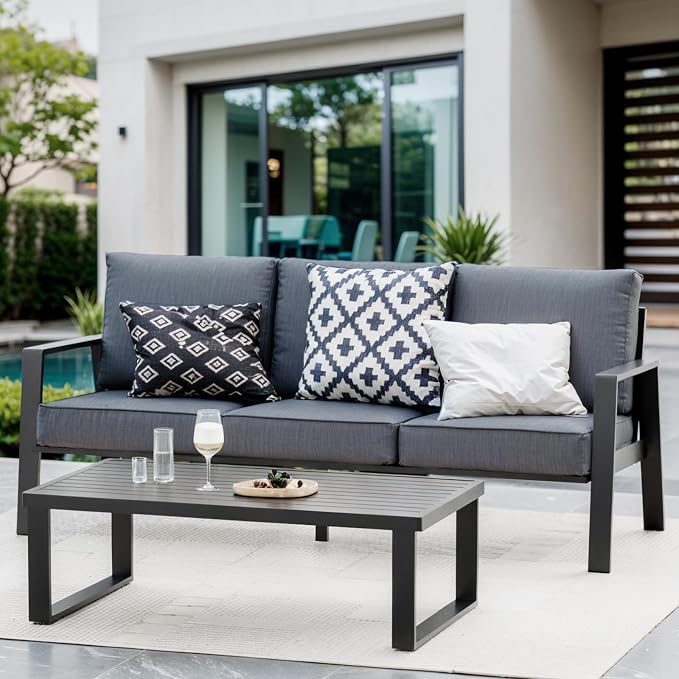 Outdoor Couch 3-Seat All-Weather Metal Outdoor Sofa Wite Outdoor Coffee Table (Black/Dark Grey, 3-Seat Sofa+ Coffee Table)