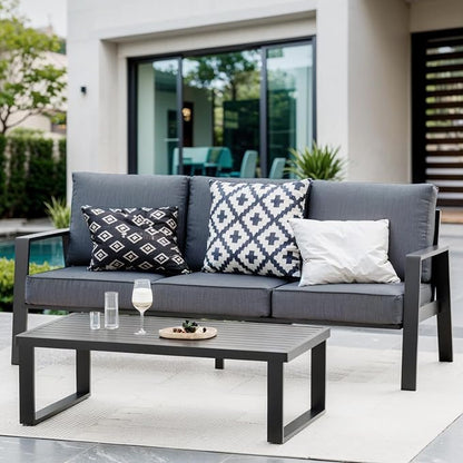 Outdoor Couch 3-Seat All-Weather Metal Outdoor Sofa Wite Outdoor Coffee Table (Black/Dark Grey, 3-Seat Sofa+ Coffee Table)