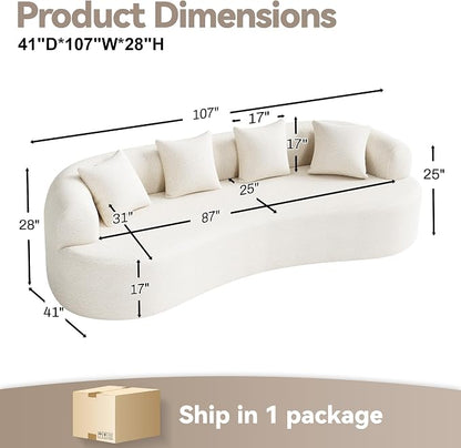 107" Curved Sofa for Living Room, Modern Chenille Cloud Couch Sofa, Luxury Plush Extra Deep 4-Seater Oversized Boucle Couch for Small Spaces, Apartment‌, No Assembly Required, Cream White