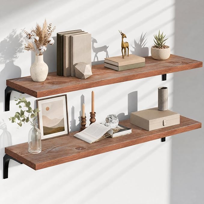 12 Inch Deep Floating Shelves Set of 2, 48 Inch Extra Wide Solid Pine Wood Wall Shelves, 100 lbs Heavy Duty Farmhouse Wall Mount Bookshelf for Living Room, Kitchen & Bedroom, Brown