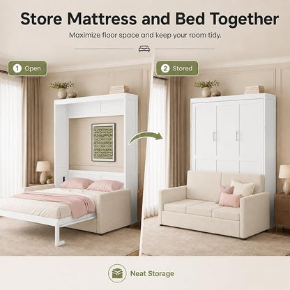 Queen Murphy Bed with Couch, Space Saving Wall Bed Cabinet Bed with Sofa and Storage, Folding Wall Bed with Dual Piston Metal Mechanism, Hide Away Bed for Studio, Small Apartment, Guest Room(White 4)
