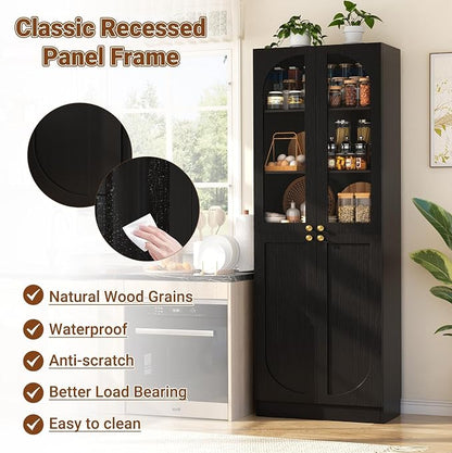 Cyclysio 80" Kitchen Pantry, Tall Arch Storage Cabinet with Tempered Glass & Soft Close Doors, Freestanding Wood Floor Cupboard Bookcase with Seamless Fit Wall for Dining Room, Living Room, Bathroom