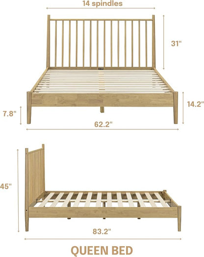 NTC Inno Wooden Bed Frame with Headboard, Solid Oak and Rubber Wood Foundation with Silent Slats and Wood Central Supports, 1000 Lb Capacity, Effortless Assembly, Queen - Sand