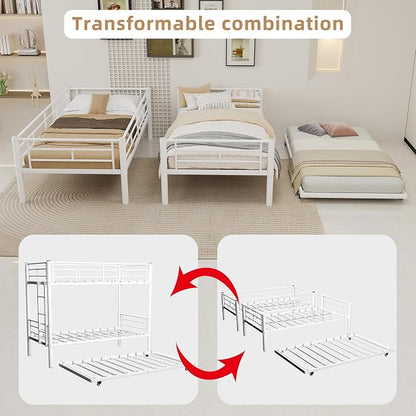 3-Way Convertible Twin over Twin Bunk Bed with Trundle, Metal Low Bunkbed for Kids Boys Girls, Guardrail & Ladders, Heavy Duty, No Box Spring Needed, Space-Saving, Easy Assembly (White, With Trundle)