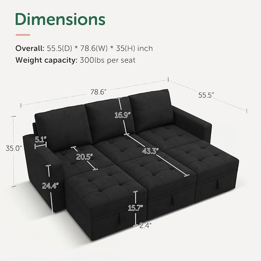 HONBAY Modular Sectional Couch Sleeper Sofa Bed with Storage Seats Oversized Sectional Couches for Living Room,Black
