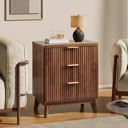 LYNCOHOME Fluted Nightstand Set of 2, Wood Bedside Table with 3 Drawers, Modern Farmhouse Storage End Table for Bedroom, Walnut