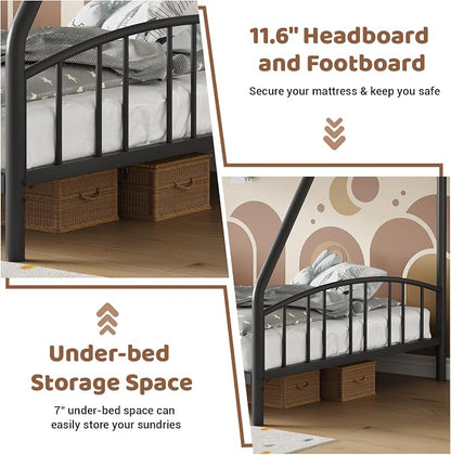 GarveeHome Metal Bunk Bed Twin Over Full, Heavy Duty Bunkbeds Frame with Arched Guardrail and Safety Ladder, Sturdy Steel Bed for Kids Boys Girls, Space-Saving, No Box Spring Needed, Black