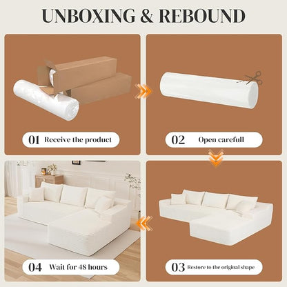 108" L Shaped Cloud Boneless Sectional Couches for Living Room, Modern Comfy Modular Deep Seat Memory Foam Compressed Corduroy Sofa Oversized Right Facing Chaise, No Assembly Required, White