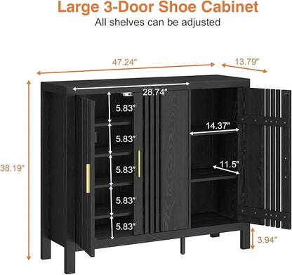 UNIQUITE Wooden Shoes Cabinet with 3 Doors and Adjustable Shelves, Retro Freestanding Shoe Organizer Cabinet for Entryway Hallway Living Room, 5-Tier Shoe Cabinet for 30 Pairs, Black