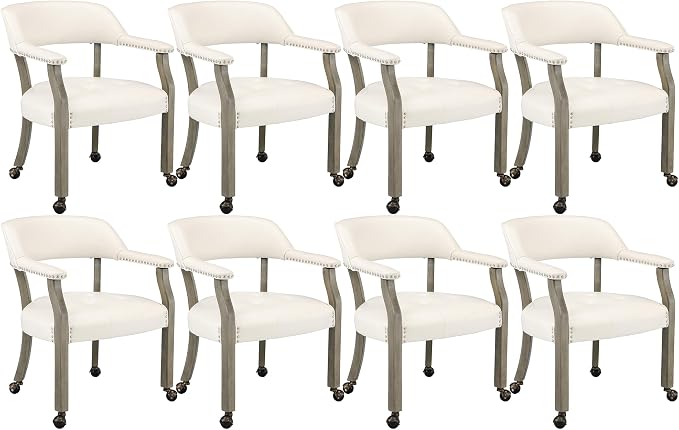 LEEMTORIG Set of 8 Large Dining Chairs with Casters and Arms, Rolling Dining Chairs with Wheels, Game Chairs, Solid Wood Boss Caption's Chairs, 26" D x 25.2" W x 31.5" H, Grey Legs & Ivory SY-1318-WT