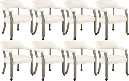 LEEMTORIG Set of 8 Large Dining Chairs with Casters and Arms, Rolling Dining Chairs with Wheels, Game Chairs, Solid Wood Boss Caption's Chairs, 26" D x 25.2" W x 31.5" H, Grey Legs & Ivory SY-1318-WT