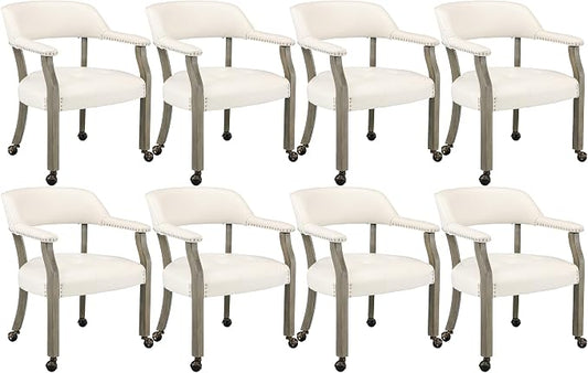 LEEMTORIG Set of 8 Large Dining Chairs with Casters and Arms, Rolling Dining Chairs with Wheels, Game Chairs, Solid Wood Boss Caption's Chairs, 26" D x 25.2" W x 31.5" H, Grey Legs & Ivory SY-1318-WT