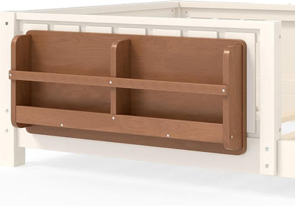 Bellemave Twin Size Montessori Floor Bed with Rails and Slats, Twin Size Floor Bed with Bookshelf and Fence, Low Profile Montessori Beds Frame for Girls, Boys, Beige