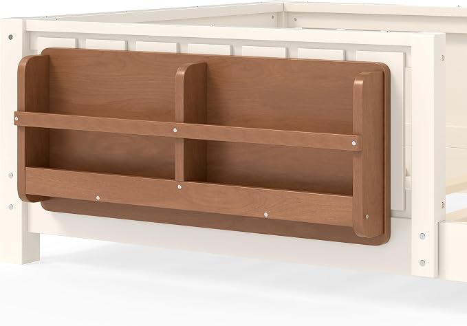 Bellemave Beige Montessori Floor Bed with Fence and Slats, Twin Size Montessori Floor Bed with Bookcase and High Rails, Easy Assemble Bed Frame for Girls, Boys, Twin