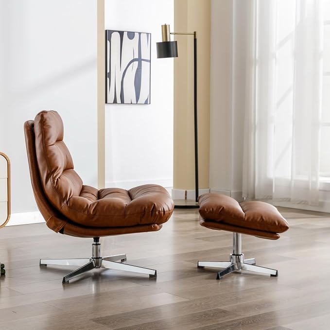 BESTANO Swivel Accent Chair with Ottoman, Mid Century Modern Faux Leather Lounge Chair with footrest, Comfy Oversized Armchair with 360 Degree Metal Base for Living Room Bedroom, Brown