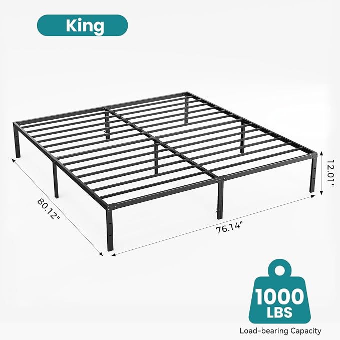 Sweetcrispy King Size 12 Inch Platform Bed Frame, Heavy Duty Metal Foundation Frame, Noise-Free Sturdy Steel Slats, Underbed Storage, No Box Spring Needed, Quick Setup