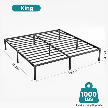 Sweetcrispy King Size 12 Inch Platform Bed Frame, Heavy Duty Metal Foundation Frame, Noise-Free Sturdy Steel Slats, Underbed Storage, No Box Spring Needed, Quick Setup