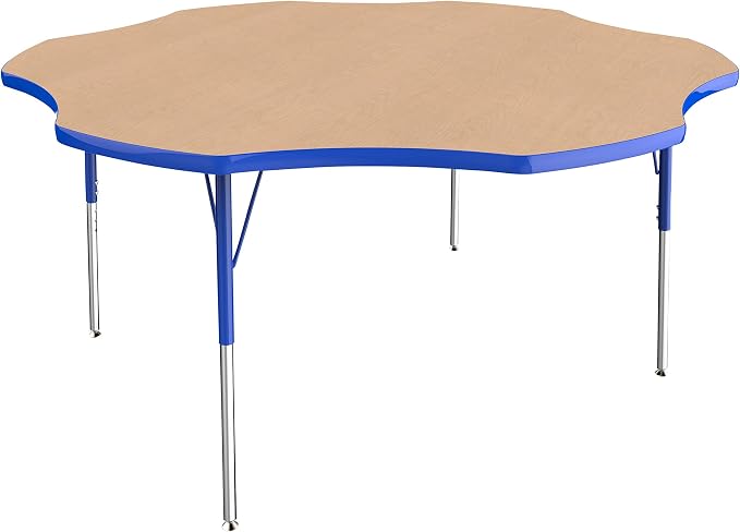 FDP Flower Activity School and Office Table (60 inch), Standard Legs with Swivel Glides for Collaborative Seating Environments, Adjustable Height 19-30 inches - Maple Top and Blue Edge