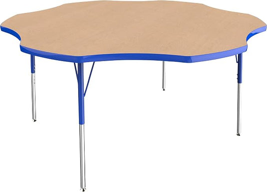 FDP Flower Activity School and Office Table (60 inch), Standard Legs with Swivel Glides for Collaborative Seating Environments, Adjustable Height 19-30 inches - Maple Top and Blue Edge