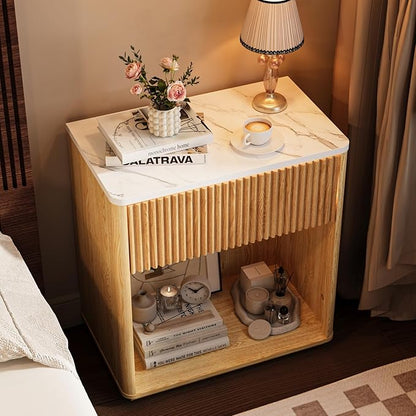 Modern Fluted Nightstand Set of 2 for Bedroom, Mid Century Bedside Table Set with Marble Top & Drawer, Wood End Table, 2 Farmhouse Night Stands for Guest Room, Hallway, Oak