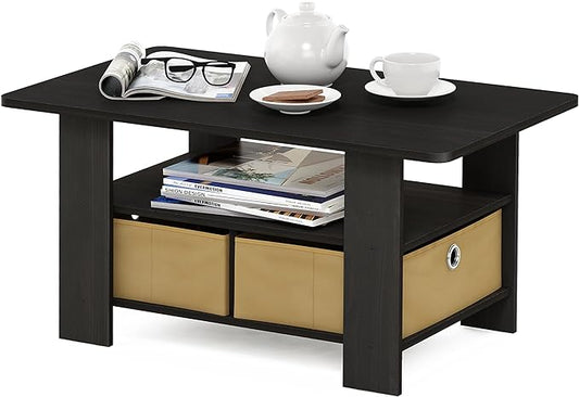 Furinno Andrey Coffee Table, Small Modern Center Table with Storage and Bin Drawer, Side Table for Living Room, Bedroom, Home Office, Dark Espresso