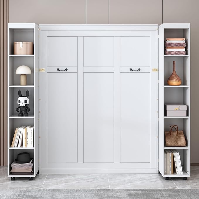Queen Murphy Bed with Storage Doors, Space Saving Wall Bed Cabinet | Hydraulic lift helps raise and lower the bed, while hidden side storage keeps bedding and daily essentials organized