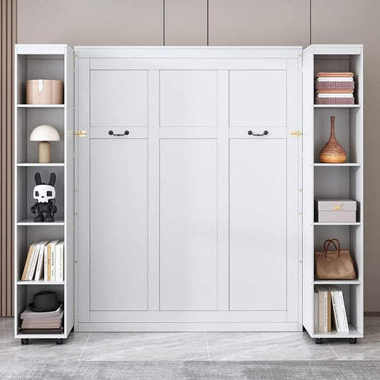 Queen Murphy Bed with Storage Doors, Space Saving Wall Bed Cabinet | Hydraulic lift helps raise and lower the bed, while hidden side storage keeps bedding and daily essentials organized