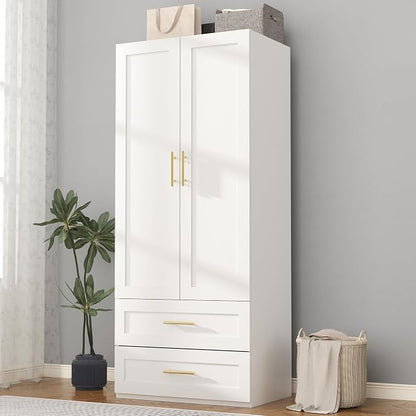Armoire Wardrobe Closet with Drawers: 75" White Wardrobe Closet with 2 Doors and 2 Drawers, Wood Armoire Closets Cabinet for Hanging Clothes, Bedroom Armoires with Hanging Rod (31.5")