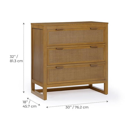 Teamson Home Hatteras 30'' W 3-Drawer Dresser with Rattan Inset Panels, Solid Pine Wood Frame and Acacia Veneer Plus Anti-Tip Kit Included, Coastal Modern Style, Natural Finish | Rattan Inset Panels, Solid Pine Wood Frame, Acacia Veneer, Anti-Tip Kit I...