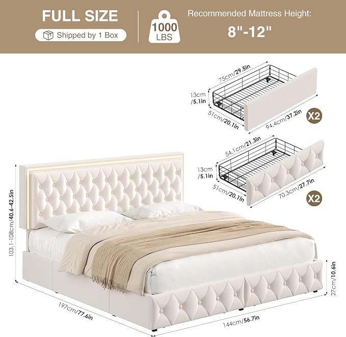 Keyluv Full Size LED Bed Frame with 4 Storage Drawers and Adjustable Headboard, Velvet Upholstered Button Tufted Modern Platform Bed, Solid Wooden Slats Support, Easy Assembly, Beige