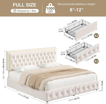 Keyluv Full Size LED Bed Frame with 4 Storage Drawers and Adjustable Headboard, Velvet Upholstered Button Tufted Modern Platform Bed, Solid Wooden Slats Support, Easy Assembly, Beige